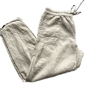 Lord & Taylor Tapered Pants Size L 100% Linen Cream Elastic Waistband Pockets